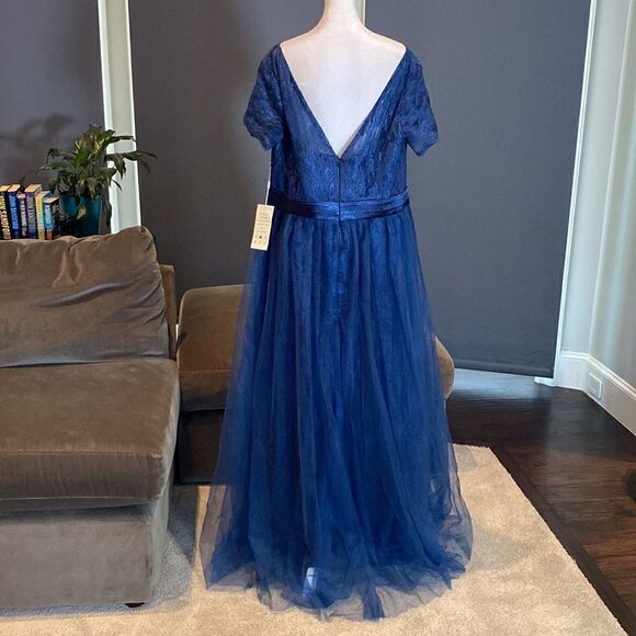 Women’s Blue Full Length Tulle & Lace Sort Sleeve Bridesmaid Dress Size XL NWT - Picture 5 of 9